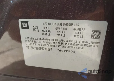 2015 Chevrolet Cruze 1Lt Auto z USA, uszkodzony, nr VIN 1G1PC5SB5F7279097